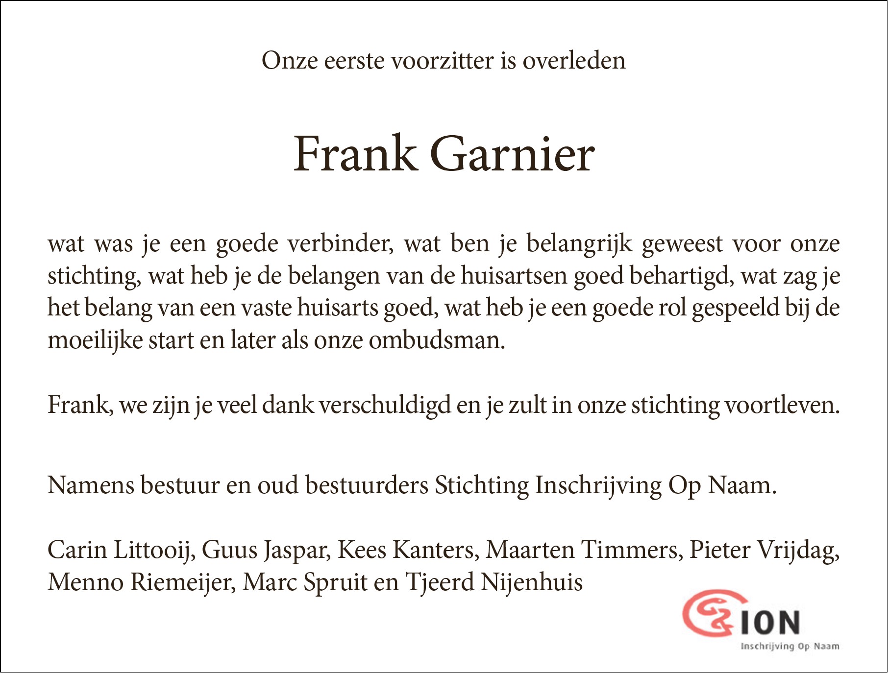 Frank Garnier Overleden Inschrijving Op Naam